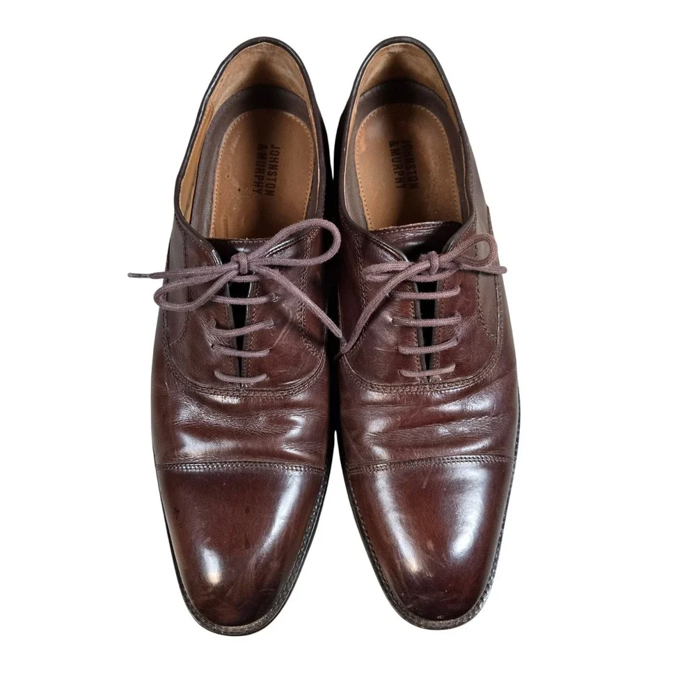 Johnston‎ & Murphy Mens Brown Leather Cap Toe Oxford Dress Shoes Size 10.5M